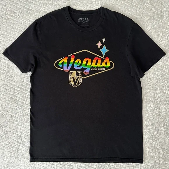 Rare Vegas Golden Knights VGK Black Rainbow Pride T-Shirt Gold Foil Size XL - Picture 1 of 7